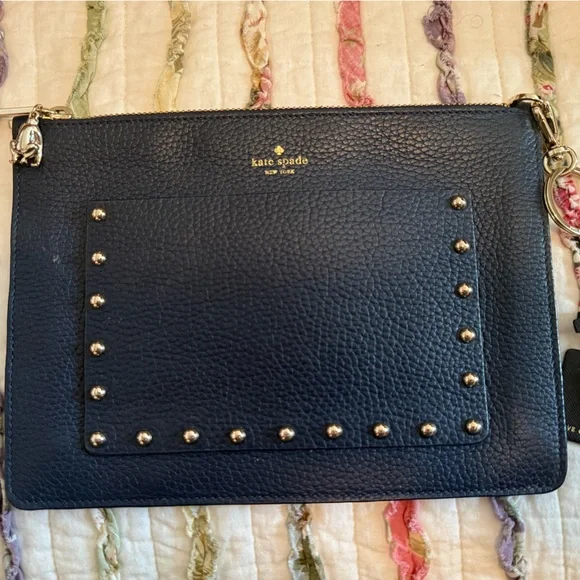 Navy Kate Spade Black Leather Studded Clutch - Picture 1 of 8